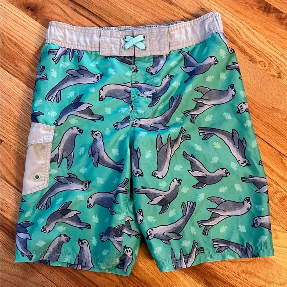 3/$20! Cat & Jack Boys Swim Trunks - Aqua Green with Seals Print